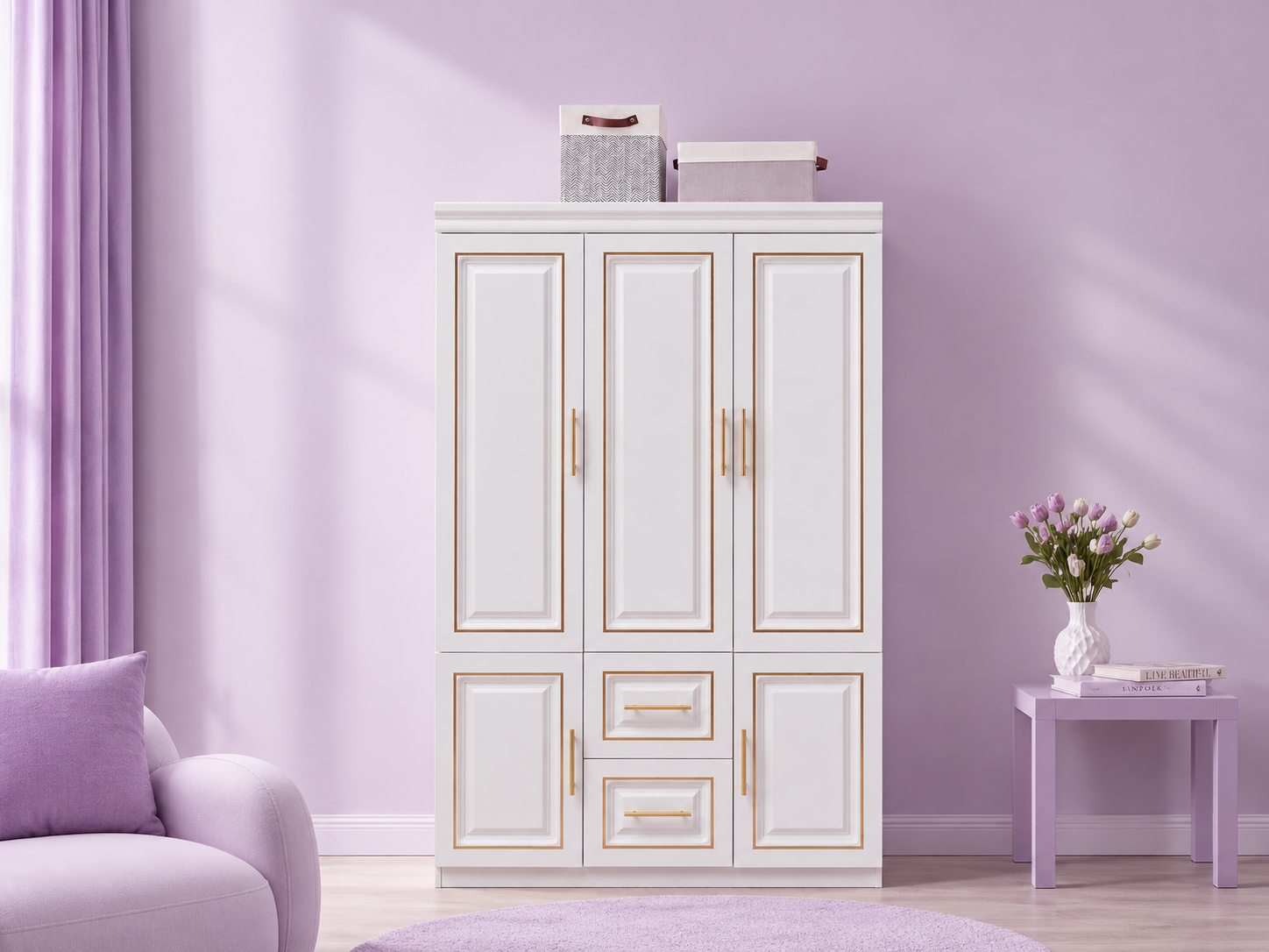 YG-5 White Armoire Wardrobe, 74" H, 3 Doors &amp; 2 Drawers