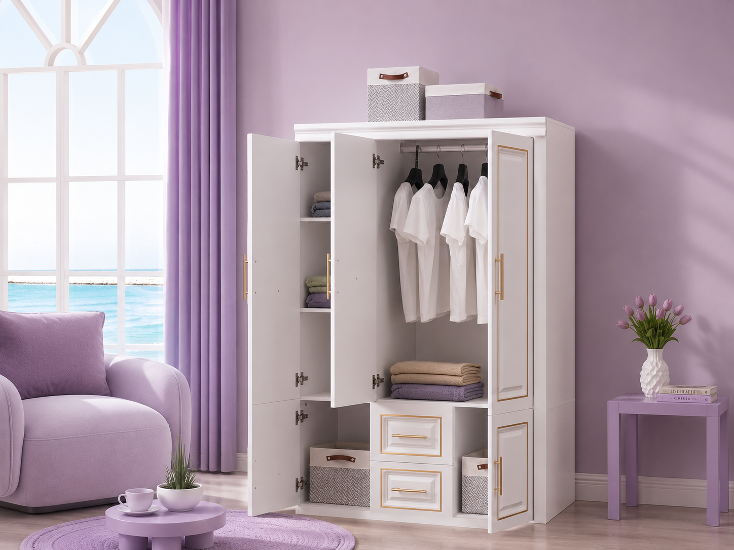 YG-5 White Armoire Wardrobe, 74" H, 3 Doors &amp; 2 Drawers