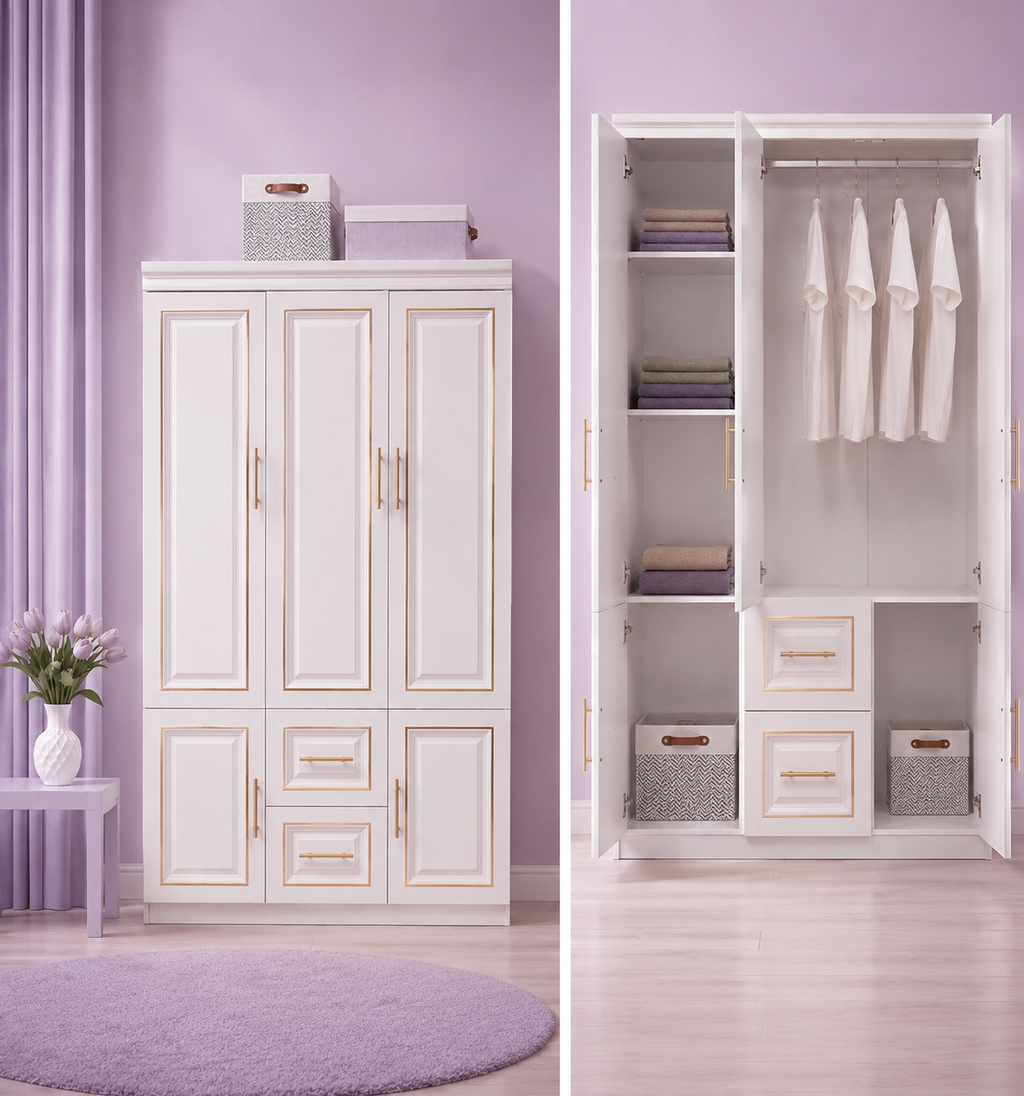 YG-5 White Armoire Wardrobe, 74" H, 3 Doors &amp; 2 Drawers