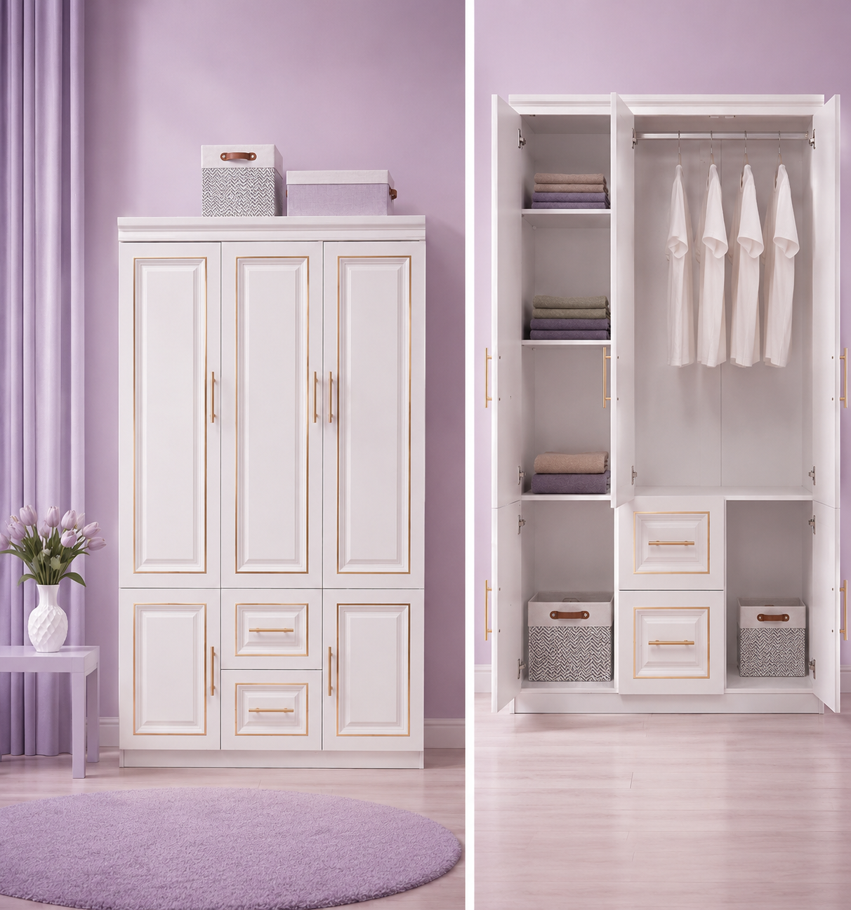 YG-5 White Armoire Wardrobe, 74" H, 3 Doors &amp; 2 Drawers