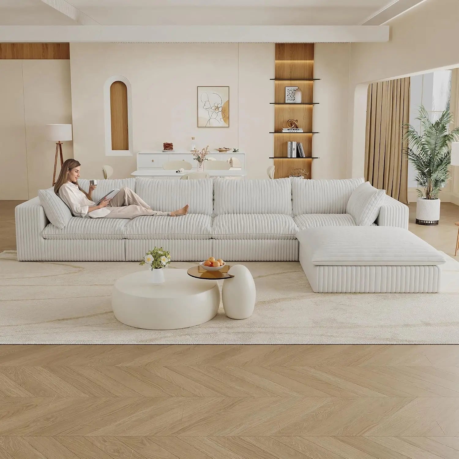 157.6" Oversized L Shaped Modular Boneless Sofa with Ottoman, Cloud Sectional Couches for Living Room, Deep Seat, Custom