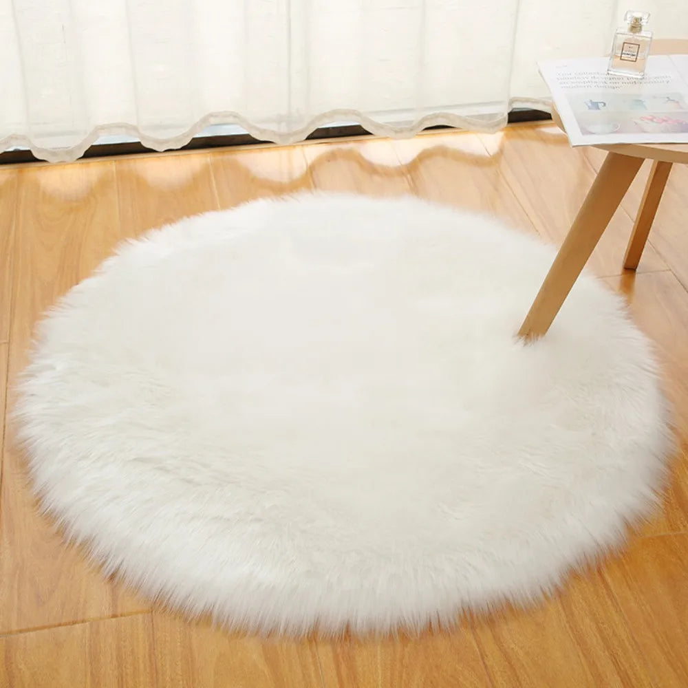 Soft 30/50/70cm Round Carpet Round Long Bedside Rug Fur Artificial Wool Chair Mat Bedroom