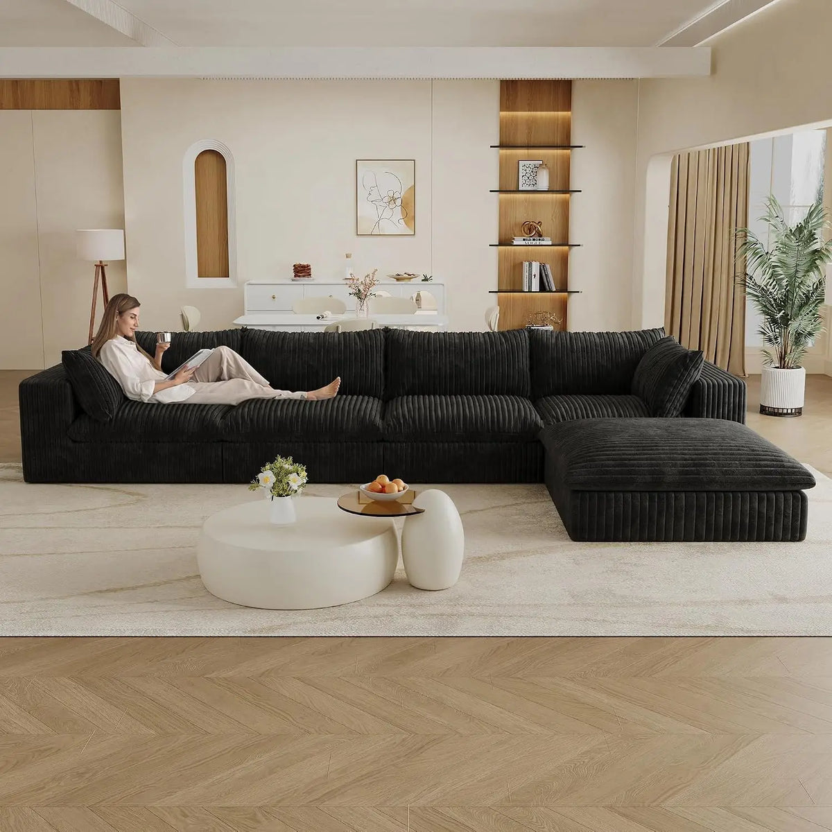 157.6" Oversized L Shaped Modular Boneless Sofa with Ottoman, Cloud Sectional Couches for Living Room, Deep Seat, Custom