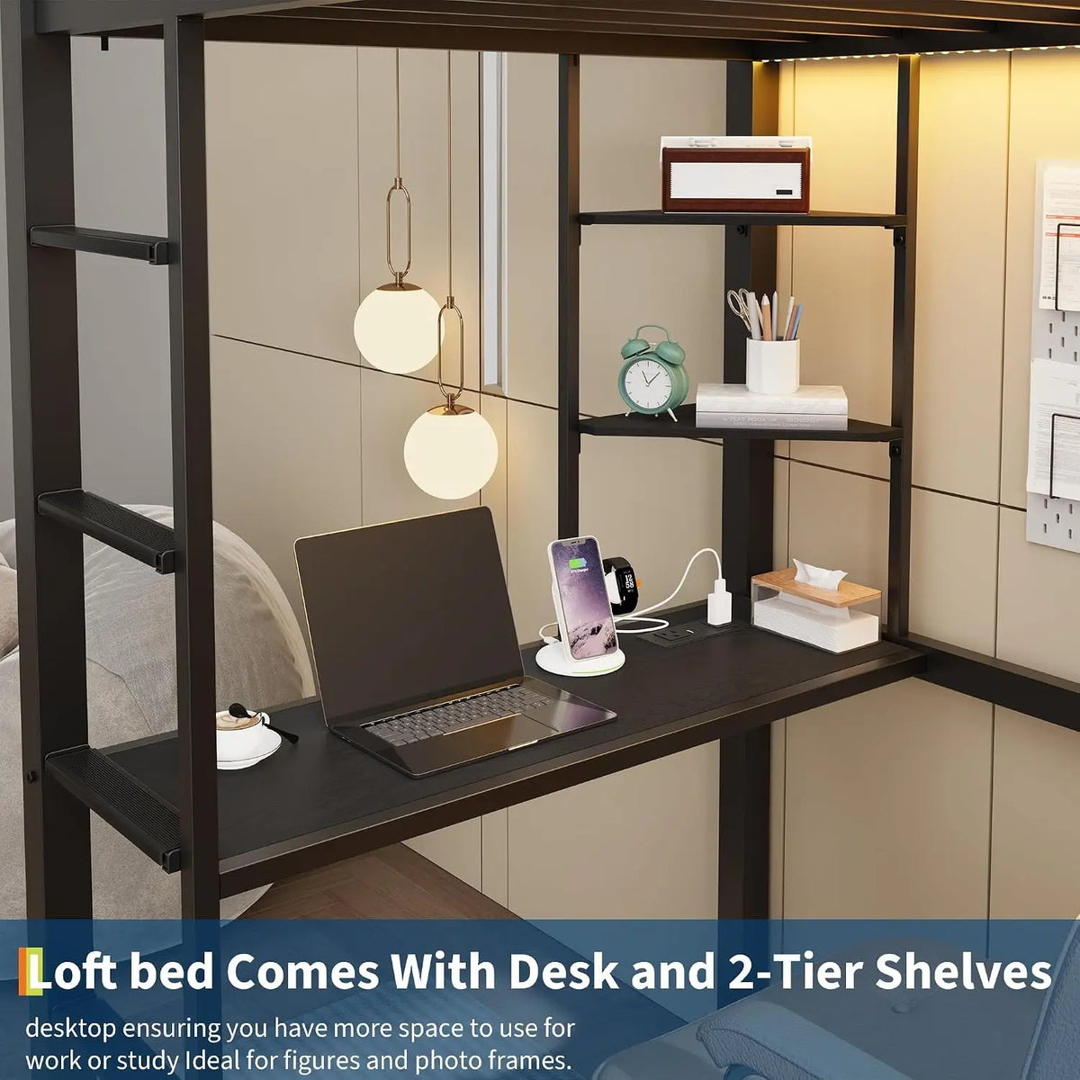 Tacleekii Twin Size Metal Loft Bed with Desk, 4 Large Drawers, LED Lights & Power Outlets – Heavy Duty Construction with Safety Guardrails, Ladder, Open Shelves, No Box Spring Needed, Black