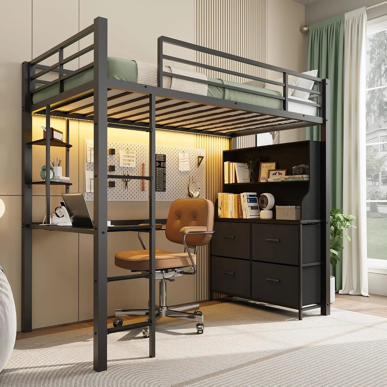 Tacleekii Twin Size Metal Loft Bed with Desk, 4 Large Drawers, LED Lights & Power Outlets – Heavy Duty Construction with Safety Guardrails, Ladder, Open Shelves, No Box Spring Needed, Black