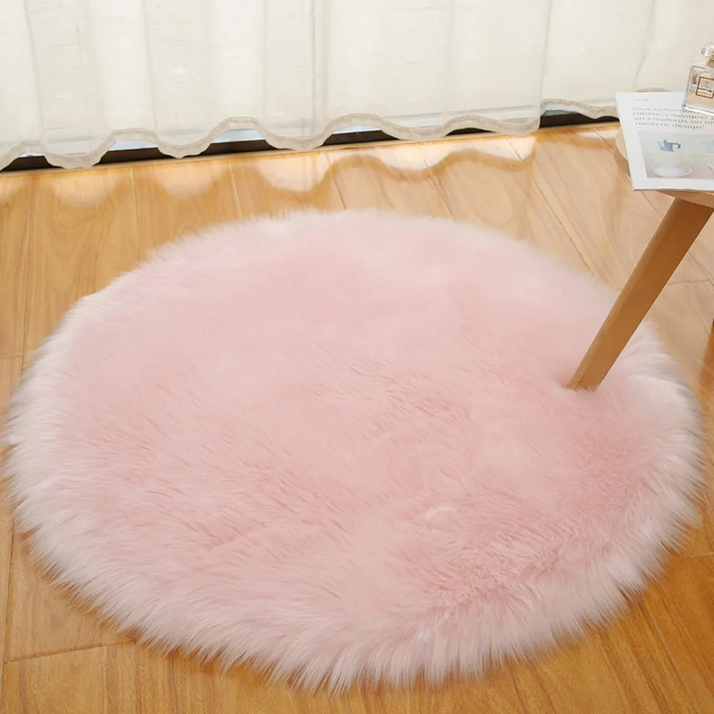 Soft 30/50/70cm Round Carpet Round Long Bedside Rug Fur Artificial Wool Chair Mat Bedroom