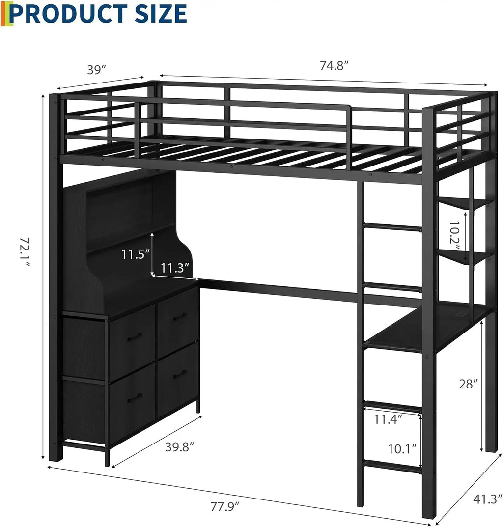 Tacleekii Twin Size Metal Loft Bed with Desk, 4 Large Drawers, LED Lights & Power Outlets – Heavy Duty Construction with Safety Guardrails, Ladder, Open Shelves, No Box Spring Needed, Black