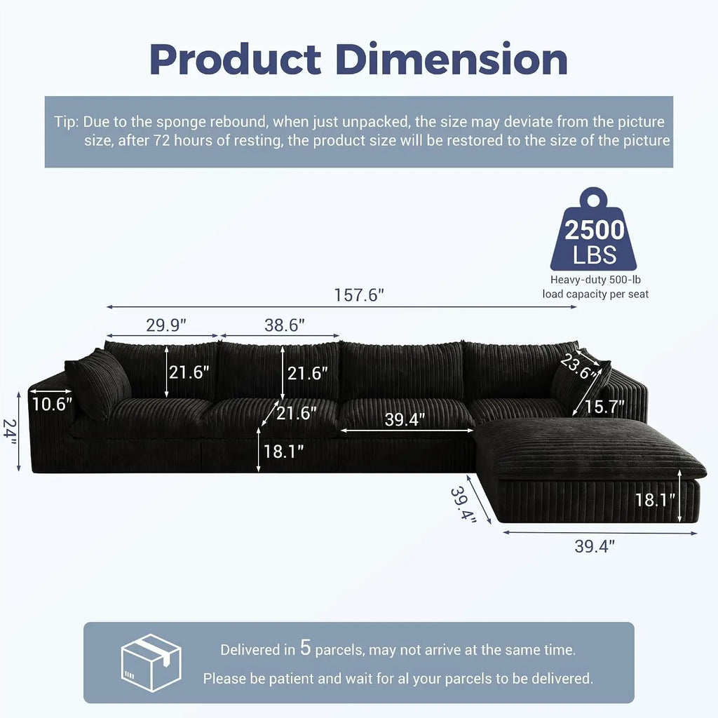 157.6" Oversized L Shaped Modular Boneless Sofa with Ottoman, Cloud Sectional Couches for Living Room, Deep Seat, Custom