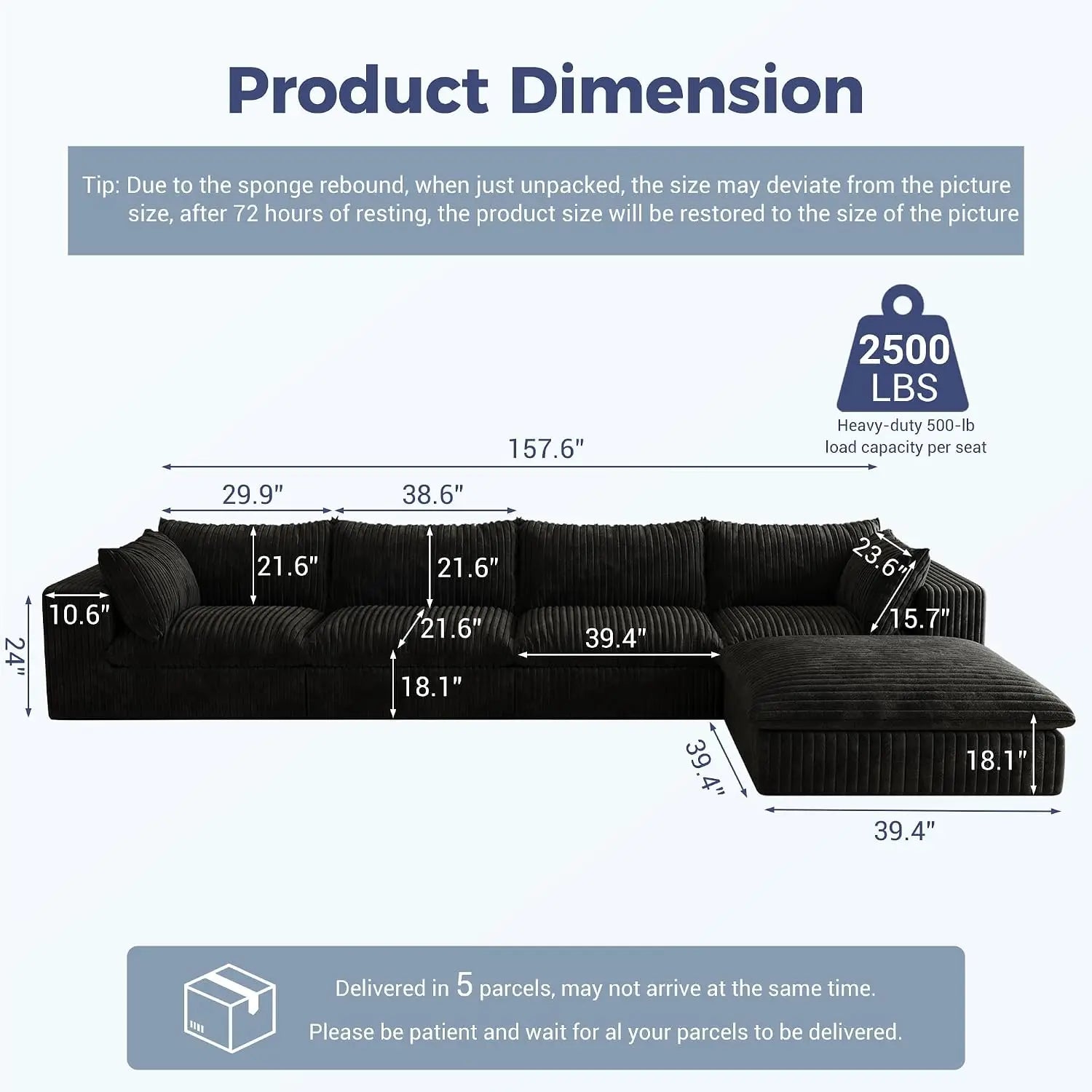 157.6" Oversized L Shaped Modular Boneless Sofa with Ottoman, Cloud Sectional Couches for Living Room, Deep Seat, Custom