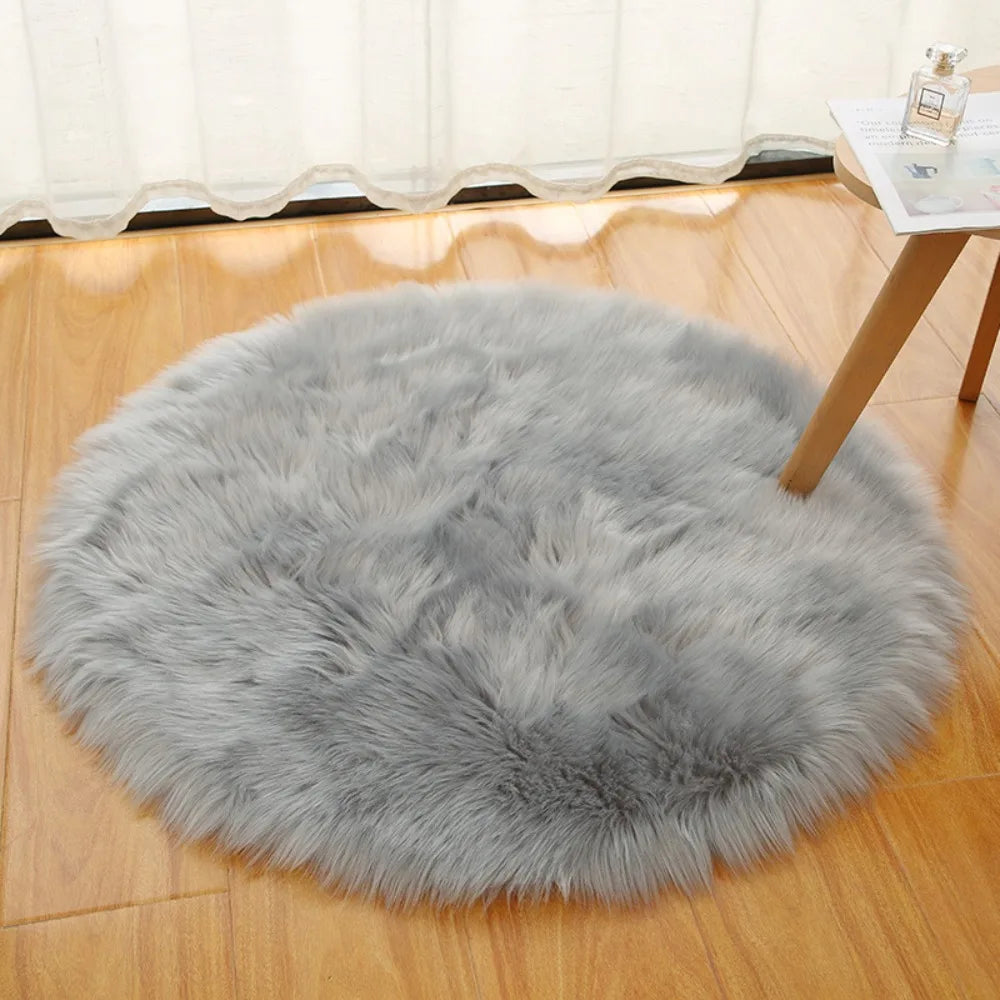 Soft 30/50/70cm Round Carpet Round Long Bedside Rug Fur Artificial Wool Chair Mat Bedroom