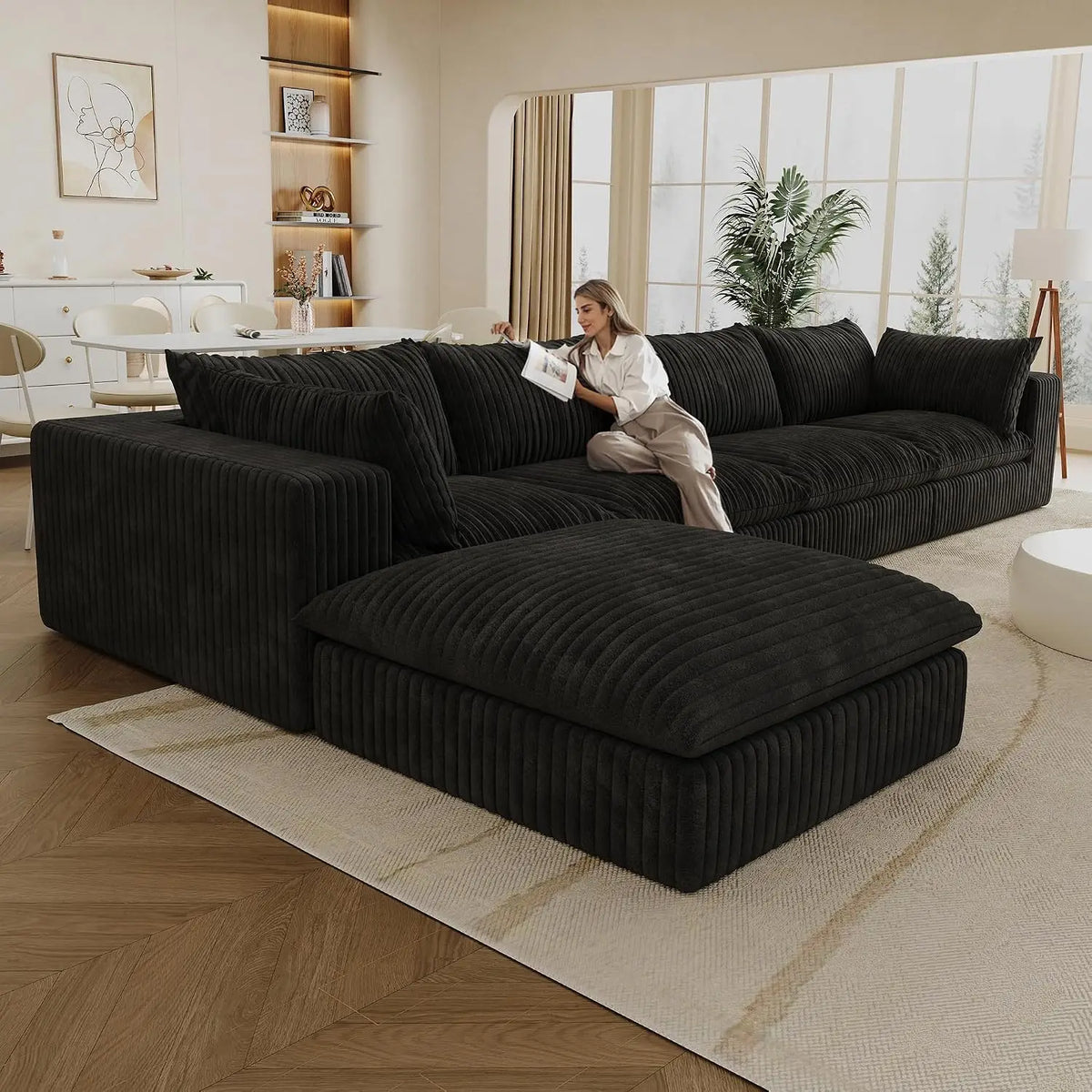 157.6" Oversized L Shaped Modular Boneless Sofa with Ottoman, Cloud Sectional Couches for Living Room, Deep Seat, Custom