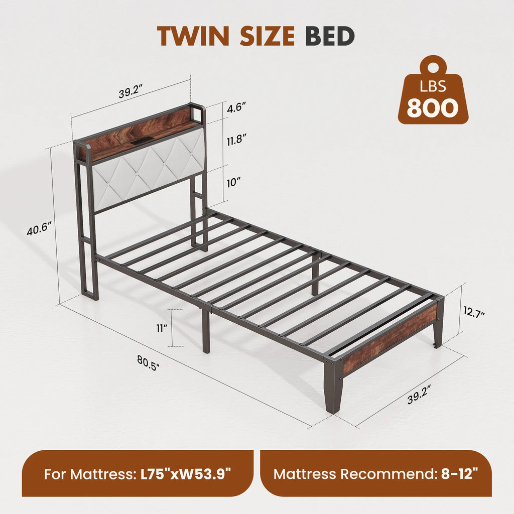 JHK King Size Soft Pack Heavy Duty Metal Bed Frame with Headboard Charging Station 1100lbs Capacity Easy Assembly For Bedroom