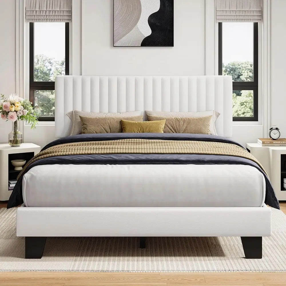 iPormis Queen Size Bed Frame, Upholstered Platform Bed with Vertical Velvet Headboard, Wide Bed Legs and Strong Wood Slats Suppo