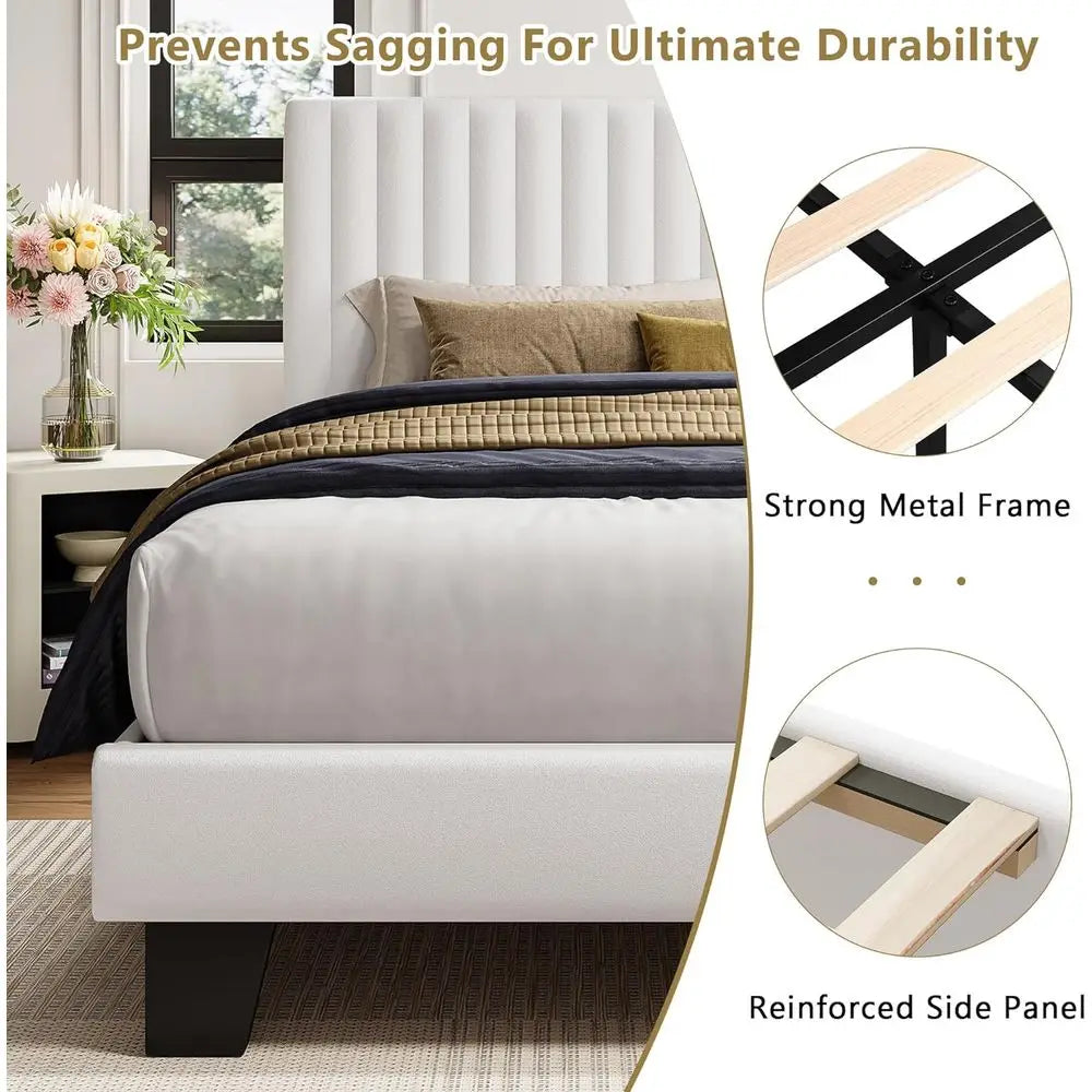 iPormis Queen Size Bed Frame, Upholstered Platform Bed with Vertical Velvet Headboard, Wide Bed Legs and Strong Wood Slats Suppo