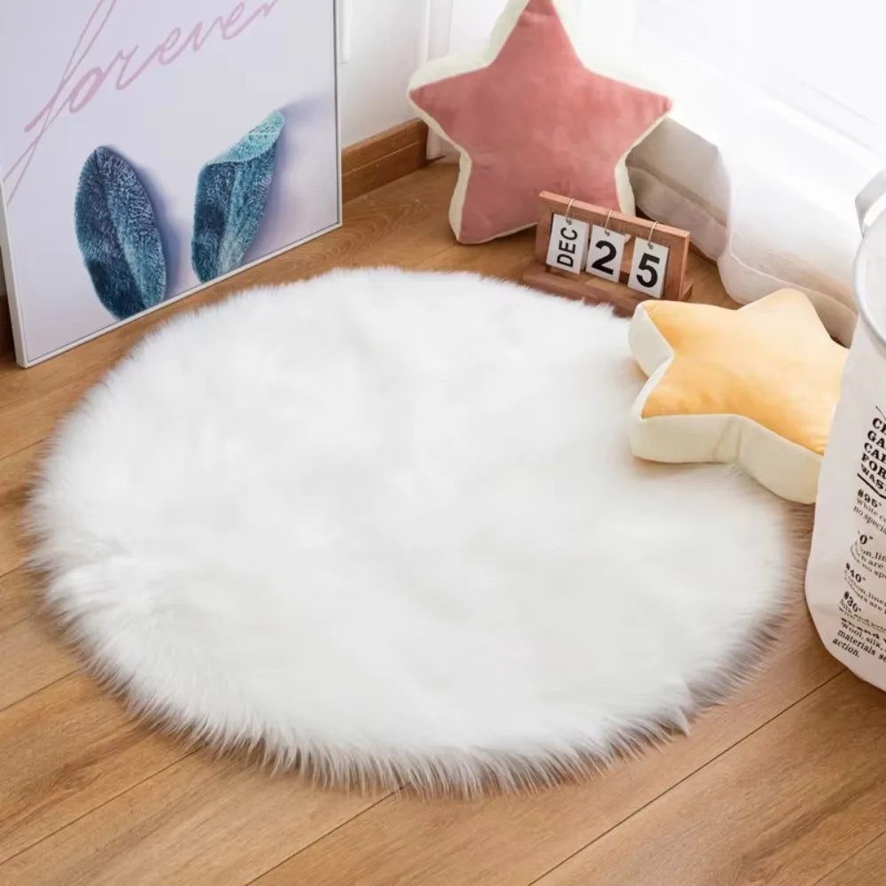 Soft 30/50/70cm Round Carpet Round Long Bedside Rug Fur Artificial Wool Chair Mat Bedroom